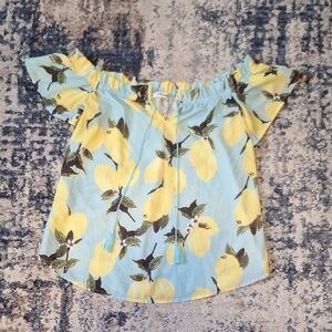 Rosette Women's Off-Shoulder Vibrant Yellow and Blue Lemon Print Top Size Small